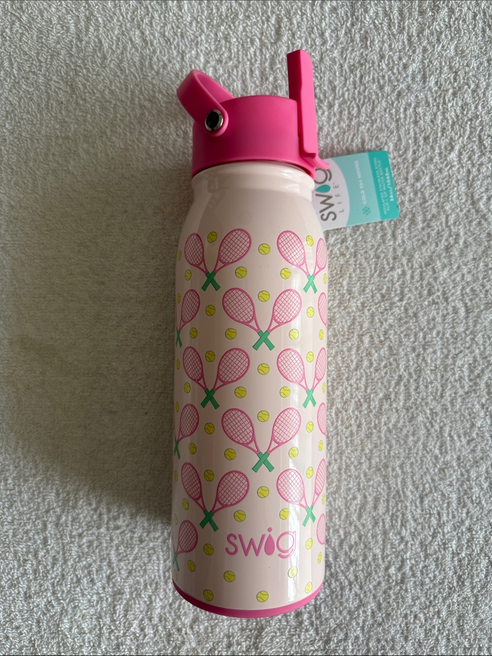 Swig Life Pink Tennis Print Water Bottle with Neon Yellow Accents
